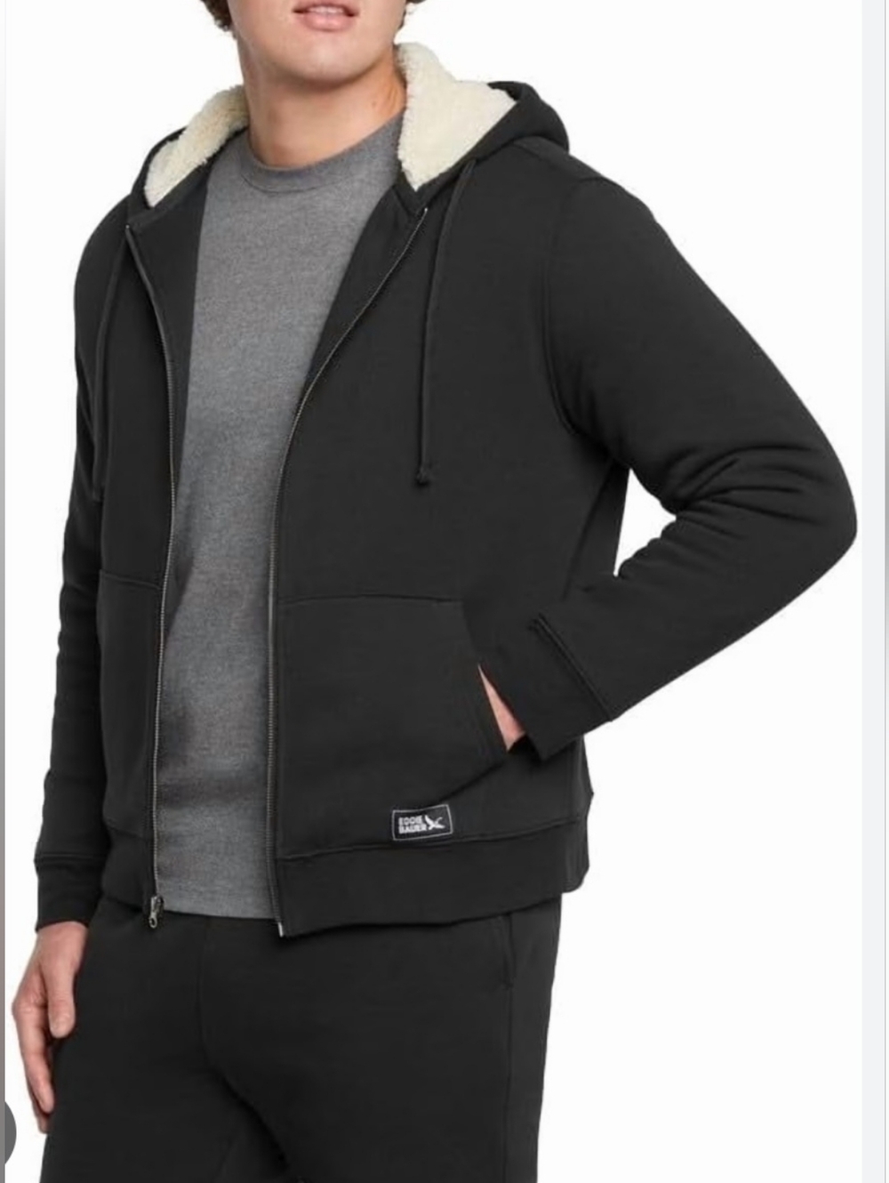 NWT Eddie Bauer MENS Black  Sherpa-Lined Zip-Up Hoodie SIZE M